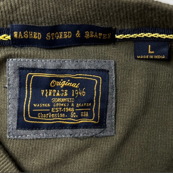 Vintage 1946 Green Henley Wood Buttons Washed Stoned Beaten Shirt Mens Large - Picture 6 of 10